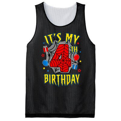 Its My 4th Birthday Spider Theme Party Turning 4yr Mesh Reversible Basketball Jersey Tank