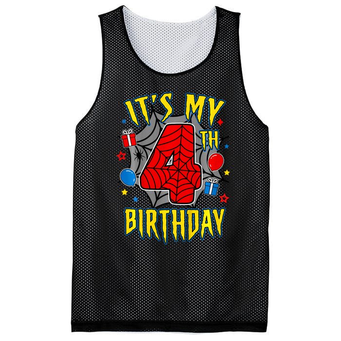 Its My 4th Birthday Spider Theme Party Turning 4yr Mesh Reversible Basketball Jersey Tank