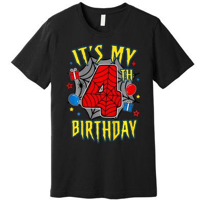 Its My 4th Birthday Spider Theme Party Turning 4yr Premium T-Shirt