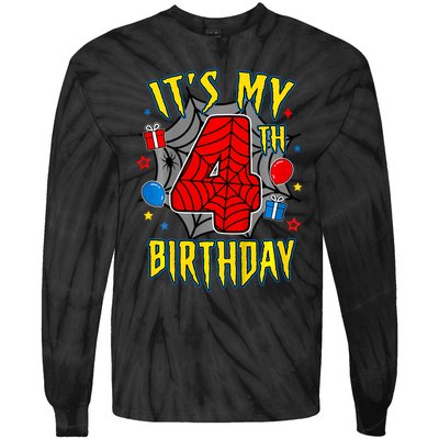 Its My 4th Birthday Spider Theme Party Turning 4yr Tie-Dye Long Sleeve Shirt