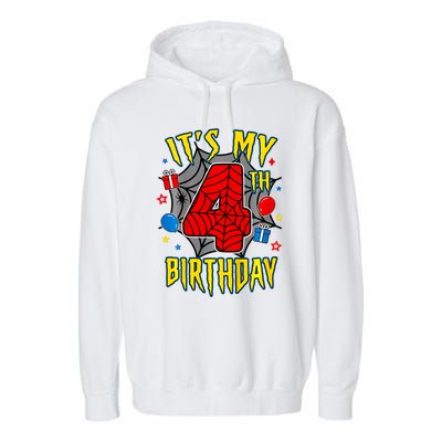 Its My 4th Birthday Spider Theme Party Turning 4yr Garment-Dyed Fleece Hoodie