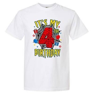 Its My 4th Birthday Spider Theme Party Turning 4yr Garment-Dyed Heavyweight T-Shirt