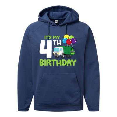 ItS My 4th Birthday Garbage Truck 4th Birthday Performance Fleece Hoodie