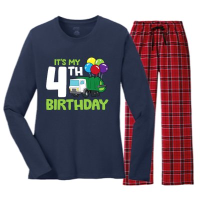 ItS My 4th Birthday Garbage Truck 4th Birthday Women's Long Sleeve Flannel Pajama Set 