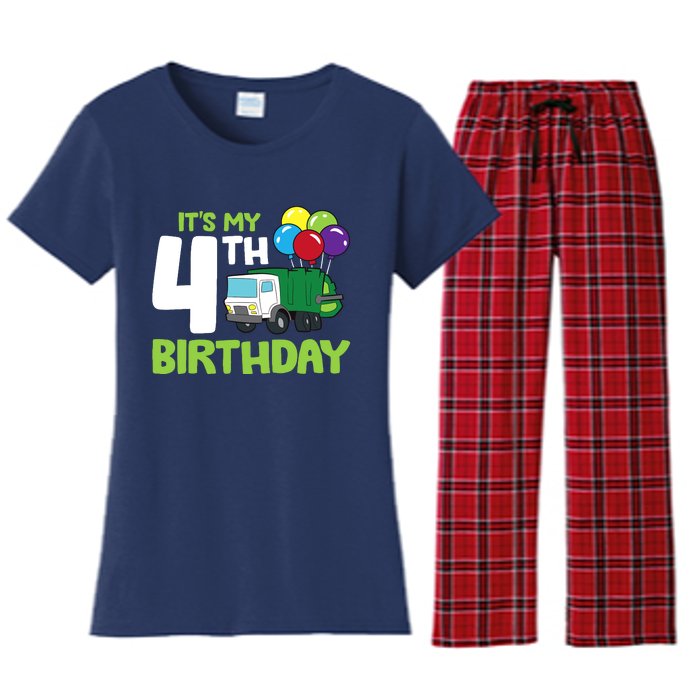 ItS My 4th Birthday Garbage Truck 4th Birthday Women's Flannel Pajama Set