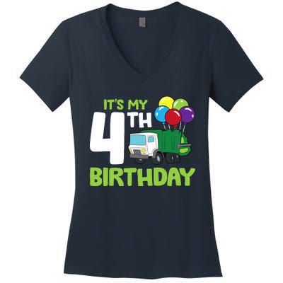 ItS My 4th Birthday Garbage Truck 4th Birthday Women's V-Neck T-Shirt