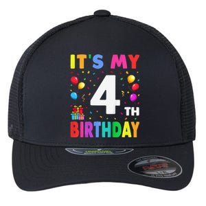 ItS My 4th Birthday 4 Four Happy Birthday Flexfit Unipanel Trucker Cap