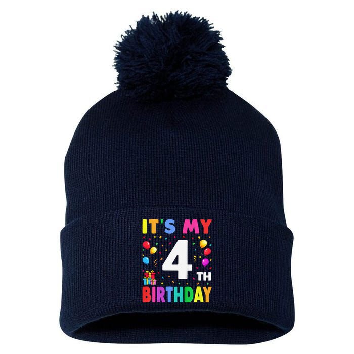 ItS My 4th Birthday 4 Four Happy Birthday Pom Pom 12in Knit Beanie