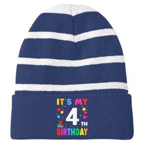 ItS My 4th Birthday 4 Four Happy Birthday Striped Beanie with Solid Band