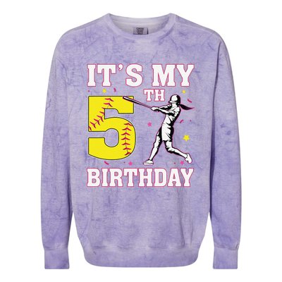 ItS My 5th Birthday Softball Player Girl 5 Years Old Colorblast Crewneck Sweatshirt