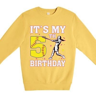 ItS My 5th Birthday Softball Player Girl 5 Years Old Premium Crewneck Sweatshirt