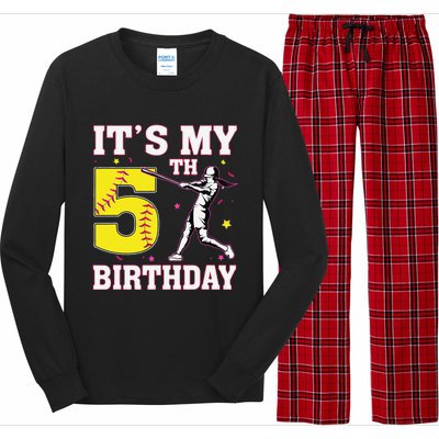 ItS My 5th Birthday Softball Player Girl 5 Years Old Long Sleeve Pajama Set