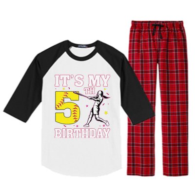 ItS My 5th Birthday Softball Player Girl 5 Years Old Raglan Sleeve Pajama Set