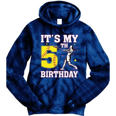 ItS My 5th Birthday Softball Player Girl 5 Years Old Tie Dye Hoodie