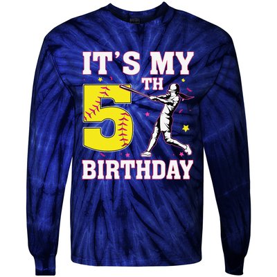 ItS My 5th Birthday Softball Player Girl 5 Years Old Tie-Dye Long Sleeve Shirt