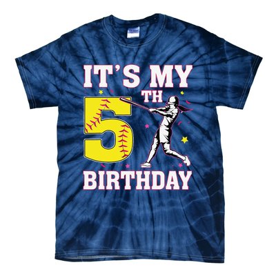 ItS My 5th Birthday Softball Player Girl 5 Years Old Tie-Dye T-Shirt