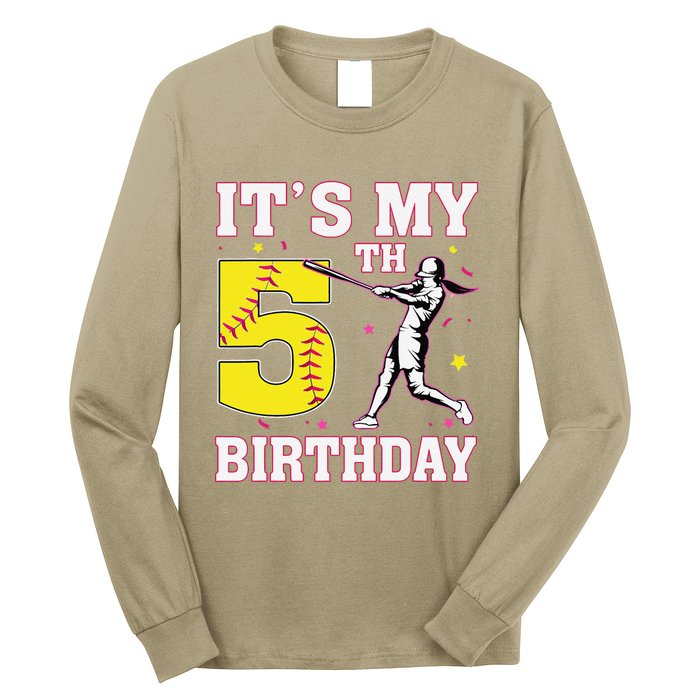 ItS My 5th Birthday Softball Player Girl 5 Years Old Long Sleeve Shirt