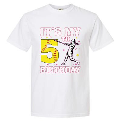 ItS My 5th Birthday Softball Player Girl 5 Years Old Garment-Dyed Heavyweight T-Shirt