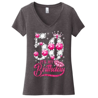 It's My 50th Birthday Queen 50 Years Old Shoes Crown Diamond Women's V-Neck T-Shirt
