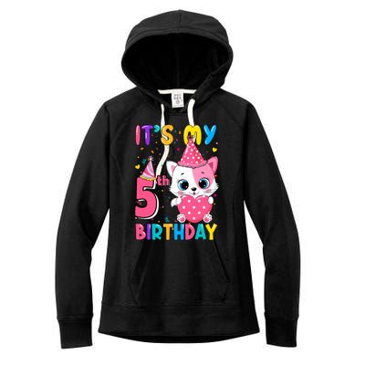 ItS My 5th Birthday Girl Funny Cat Birthday 5 Year Old Women's Fleece Hoodie