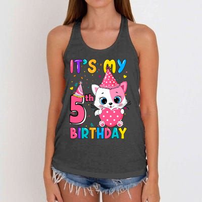 ItS My 5th Birthday Girl Funny Cat Birthday 5 Year Old Women's Knotted Racerback Tank