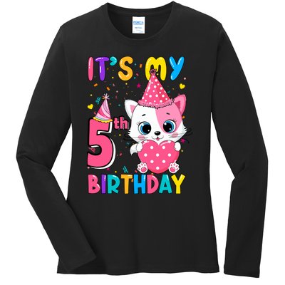 ItS My 5th Birthday Girl Funny Cat Birthday 5 Year Old Ladies Long Sleeve Shirt