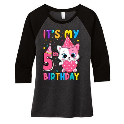 ItS My 5th Birthday Girl Funny Cat Birthday 5 Year Old Women's Tri-Blend 3/4-Sleeve Raglan Shirt