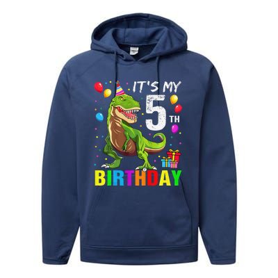 ItS My 5th Birthday Happy 5 Year Trex Performance Fleece Hoodie