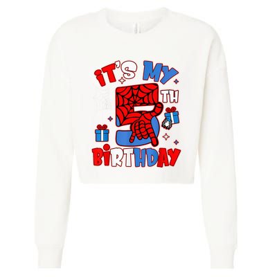 ItS My 5th Birthday Spider Theme Party Boy Birthday Cropped Pullover Crew