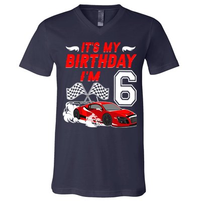 ItS My 6th Birthday Boy Race Car Racing 6 Years Old V-Neck T-Shirt