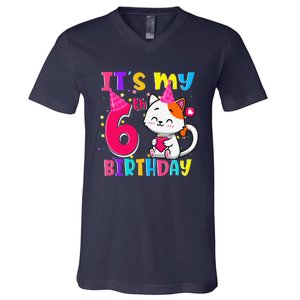 Its My 6th Birthday Gifts 6 Year Old Funny Cat Lover V-Neck T-Shirt