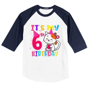 Its My 6th Birthday Gifts 6 Year Old Funny Cat Lover Baseball Sleeve Shirt