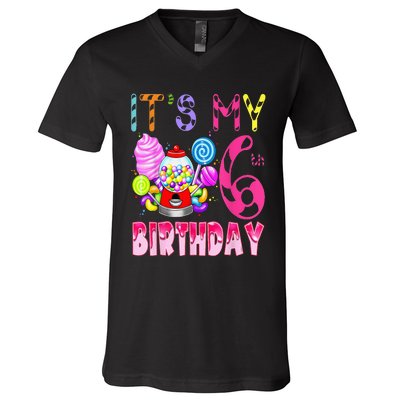 Its My 6th Birthday Candy Candyland Birthday Girl 6 Year Old V-Neck T-Shirt