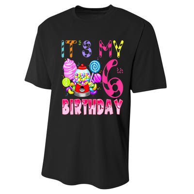 Its My 6th Birthday Candy Candyland Birthday Girl 6 Year Old Performance Sprint T-Shirt