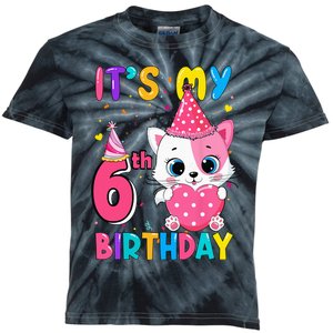 Its My 6th Birthday Girl Funny Cat Birthday 6 Year Old Kids Tie-Dye T-Shirt