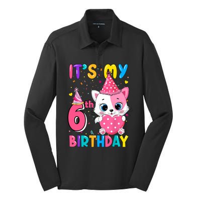 It's My 6th Birthday Girl Funny Cat Birthday 6 Year Old Silk Touch Performance Long Sleeve Polo