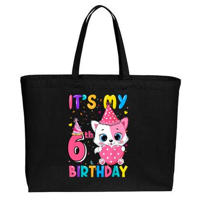 It's My 6th Birthday Girl Funny Cat Birthday 6 Year Old Cotton Canvas Jumbo Tote