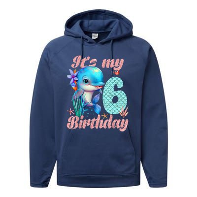 It's My 6th Birthday Dolphin Shark 6 Year Old Sea Fish Ocean Performance Fleece Hoodie