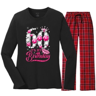 It's My 60th Birthday Cute Gift Queen 60 Years Old Shoes Crown Diamond Gift Women's Long Sleeve Flannel Pajama Set 