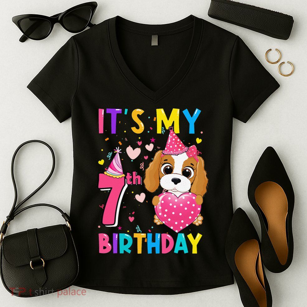 Its My 7th Birthday Funny Dog Birthday Year Old Women's V-Neck T-Shirt