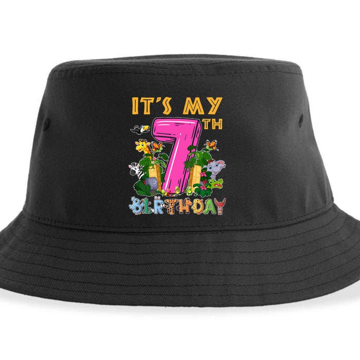 It's My 7th Birthday Safari Jungle Zoo Birthday 7 Year Old Sustainable Bucket Hat