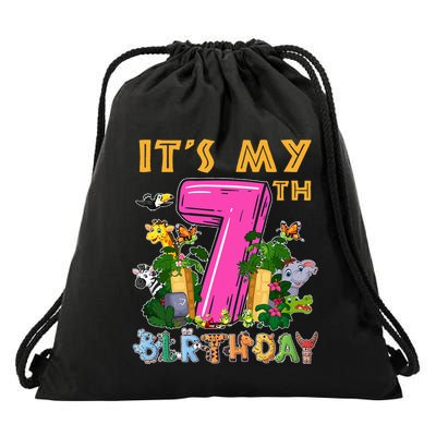 It's My 7th Birthday Safari Jungle Zoo Birthday 7 Year Old Drawstring Bag