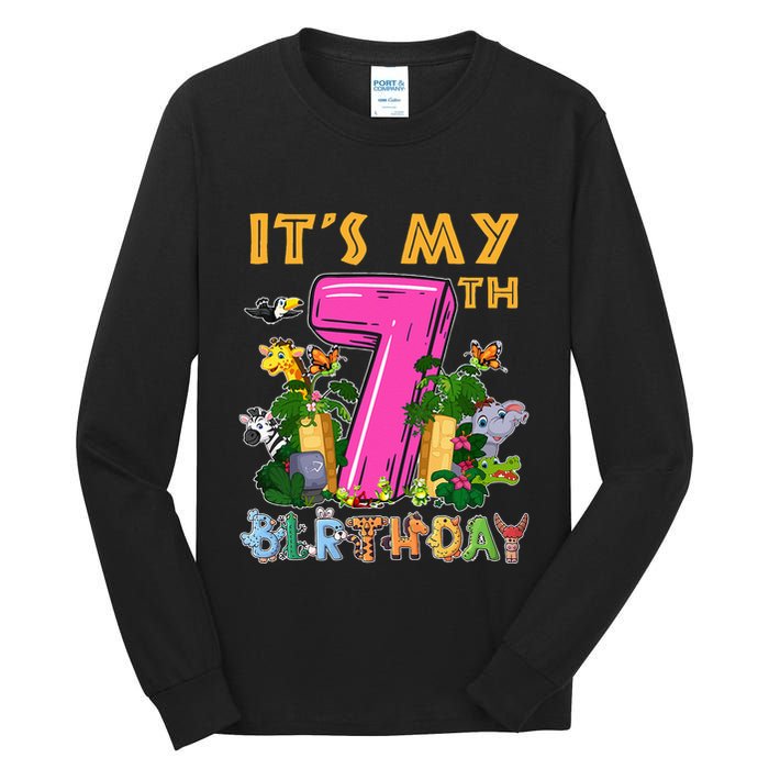 It's My 7th Birthday Safari Jungle Zoo Birthday 7 Year Old Tall Long Sleeve T-Shirt