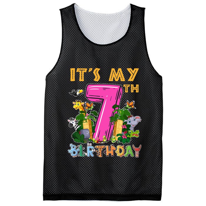 It's My 7th Birthday Safari Jungle Zoo Birthday 7 Year Old Mesh Reversible Basketball Jersey Tank