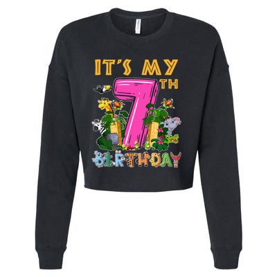 It's My 7th Birthday Safari Jungle Zoo Birthday 7 Year Old Cropped Pullover Crew