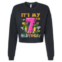 It's My 7th Birthday Safari Jungle Zoo Birthday 7 Year Old Cropped Pullover Crew