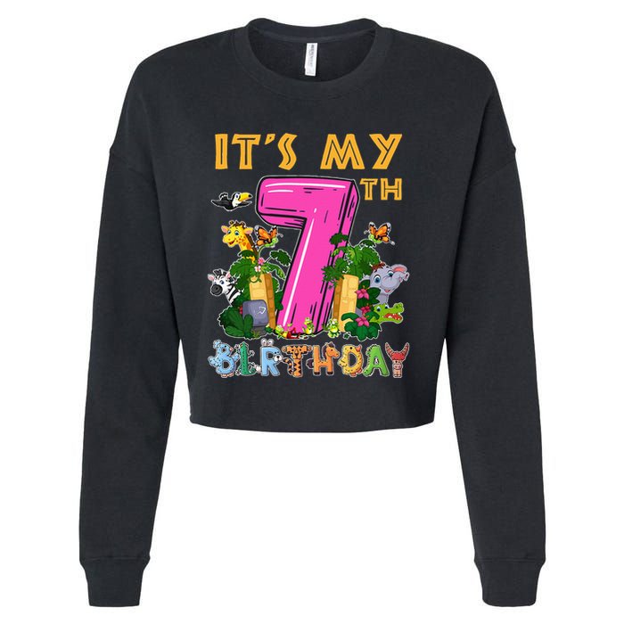 It's My 7th Birthday Safari Jungle Zoo Birthday 7 Year Old Cropped Pullover Crew