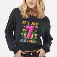 It's My 7th Birthday Safari Jungle Zoo Birthday 7 Year Old Cropped Pullover Crew