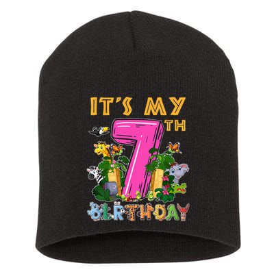 It's My 7th Birthday Safari Jungle Zoo Birthday 7 Year Old Short Acrylic Beanie