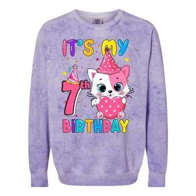 ItS My 7th Birthday Girl Funny Cat Birthday 7 Year Old Colorblast Crewneck Sweatshirt